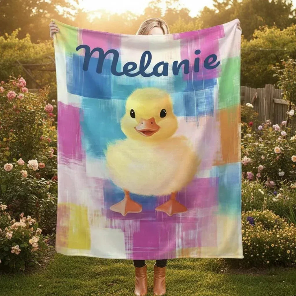 Personalized Baby Duck Blanket | Custom Name | Fluffy Yellow Duckling Watercolor Patchwork Fleece Throw Gift
