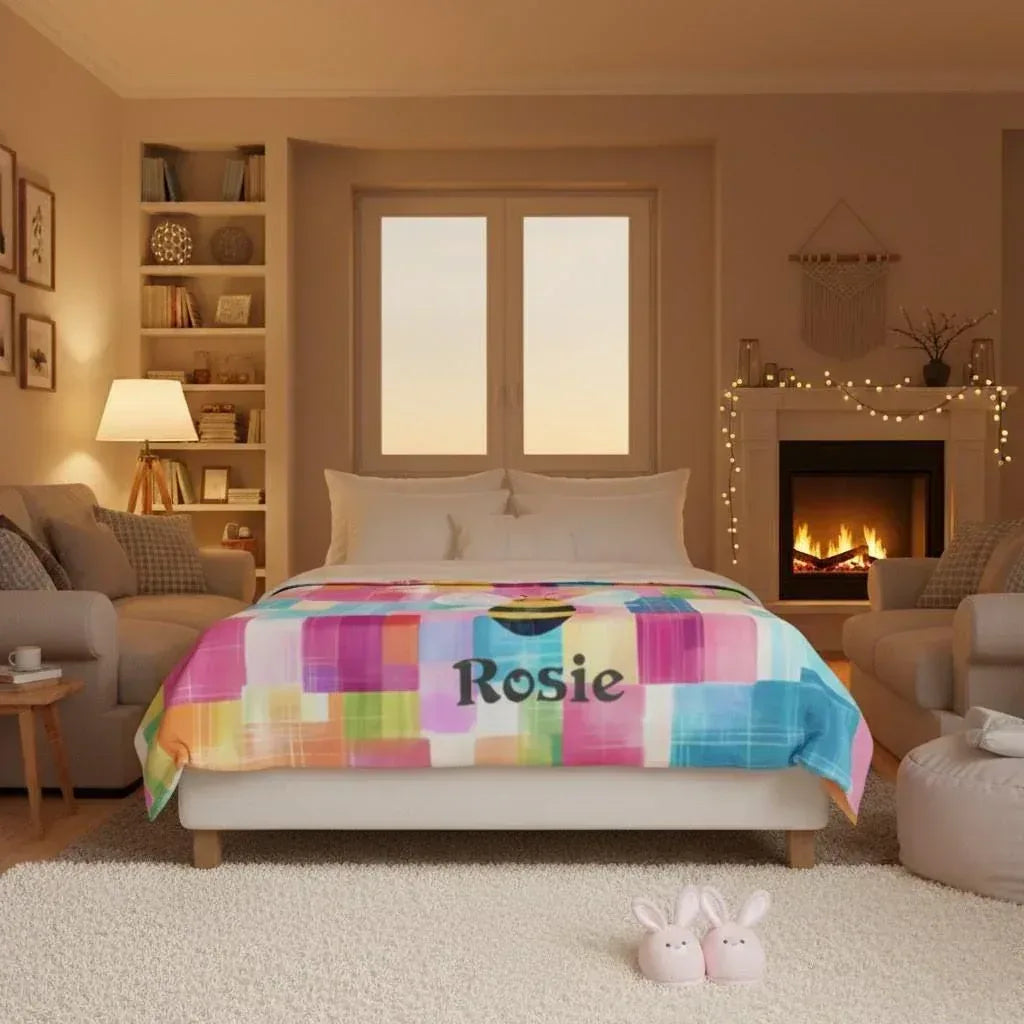 Personalized Bee Blanket | Custom Name | Cartoon Bumblebee Colorful Painted Patchwork Rainbow Fleece Throw Gift