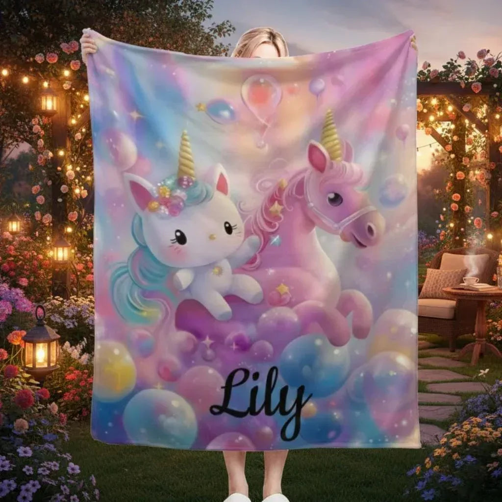 Personalized Kitty & Unicorn Blanket | Custom Name Pastel Rainbow Fleece Throw