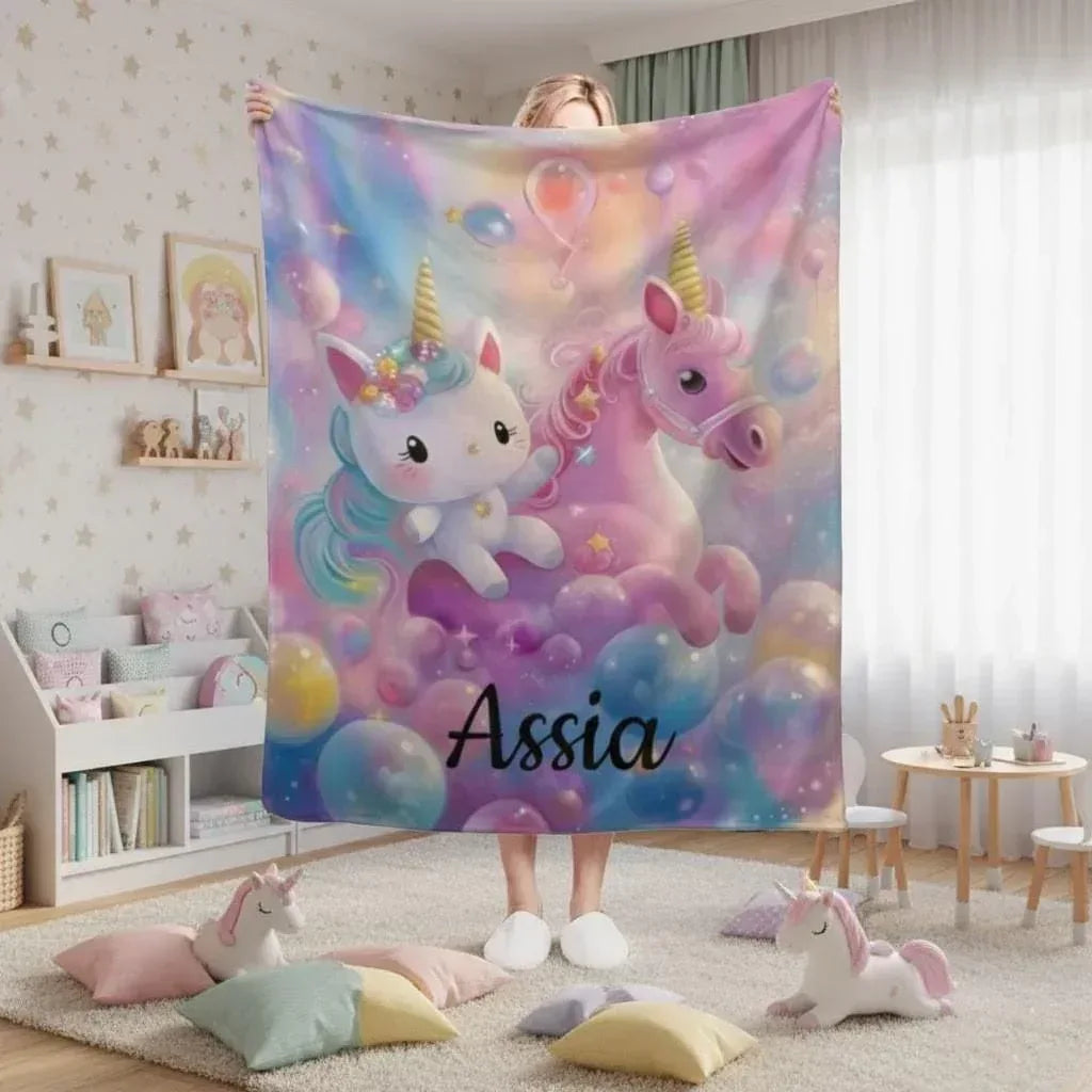 Personalized Kitty & Unicorn Blanket | Custom Name Pastel Rainbow Fleece Throw