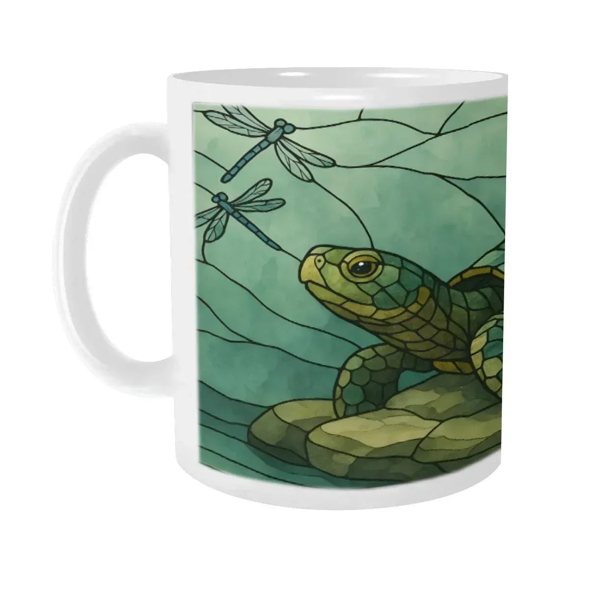 Stained Glass Sea Turtle Mug | Tiffany Style Art | Turtle and Dragonfly Teal Green Water Scene 11oz Ceramic Coffee Tea Cup Gift