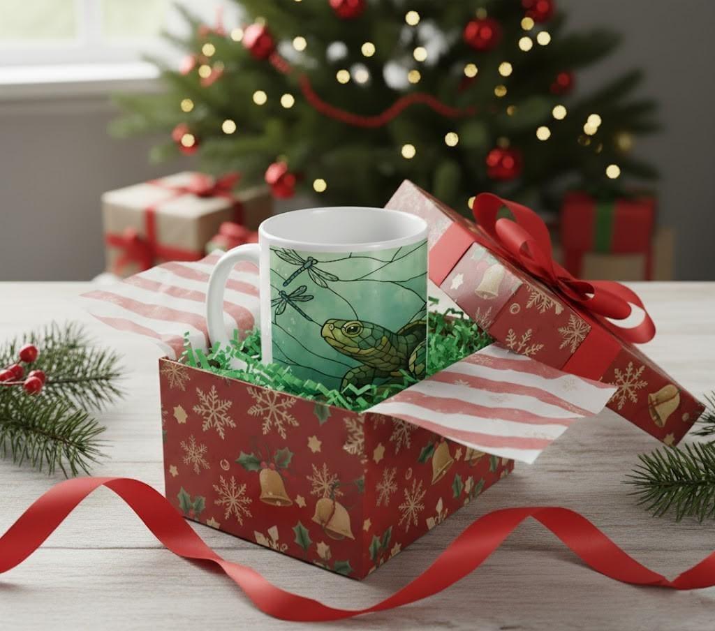 Stained Glass Sea Turtle Mug | Tiffany Style Art | Turtle and Dragonfly Teal Green Water Scene 11oz Ceramic Coffee Tea Cup Gift
