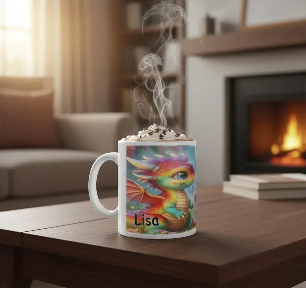 Personalized Unicorn Dragon Mug | Custom Name | Baby Rainbow Dragon & Unicorn Fantasy Ceramic Gift