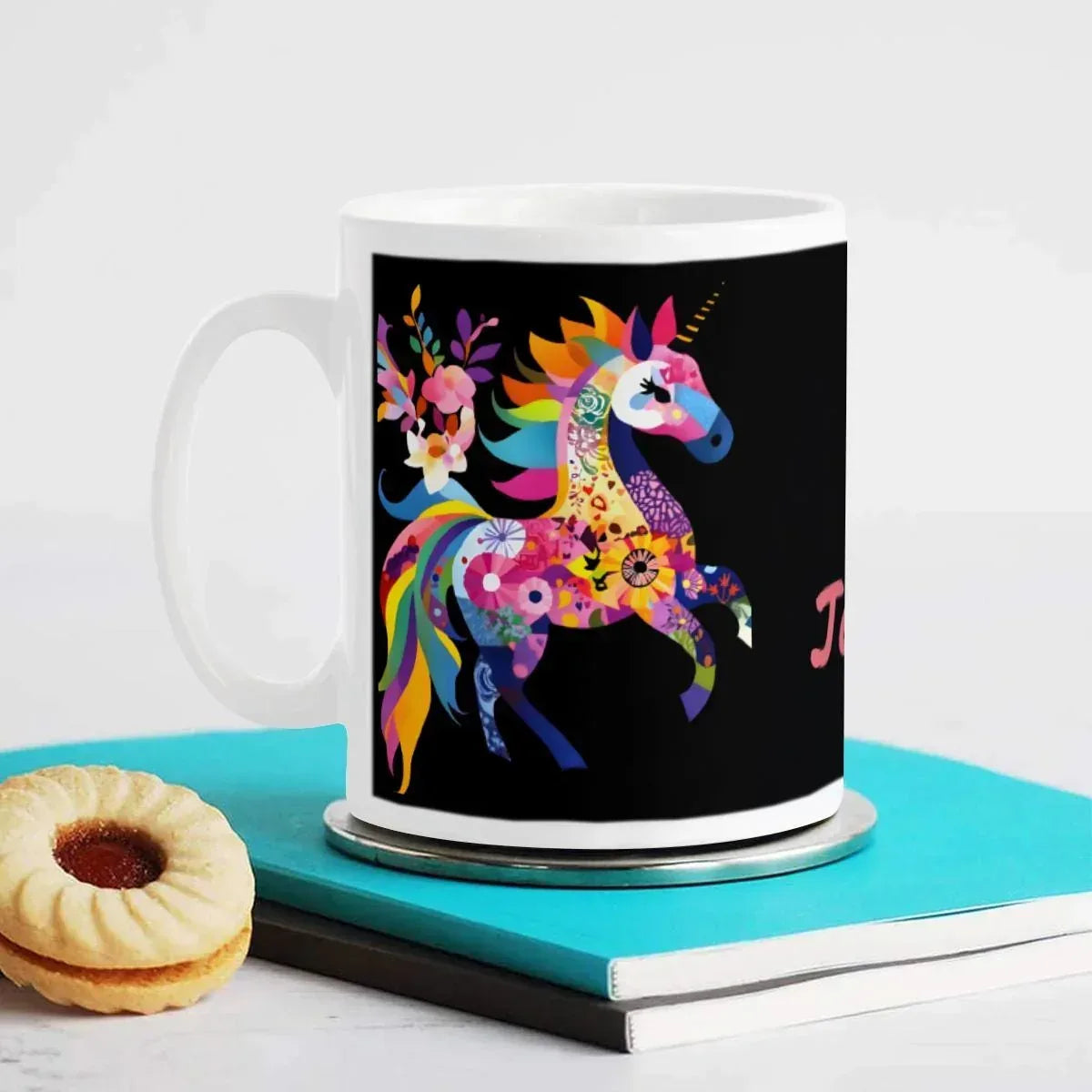 Personalized Rainbow Unicorn Mug | Custom Name | Black 11 oz Ceramic Coffee Tea Cup Gift