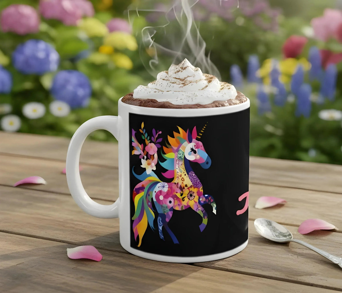 Personalized Rainbow Unicorn Mug | Custom Name | Black 11 oz Ceramic Coffee Tea Cup Gift