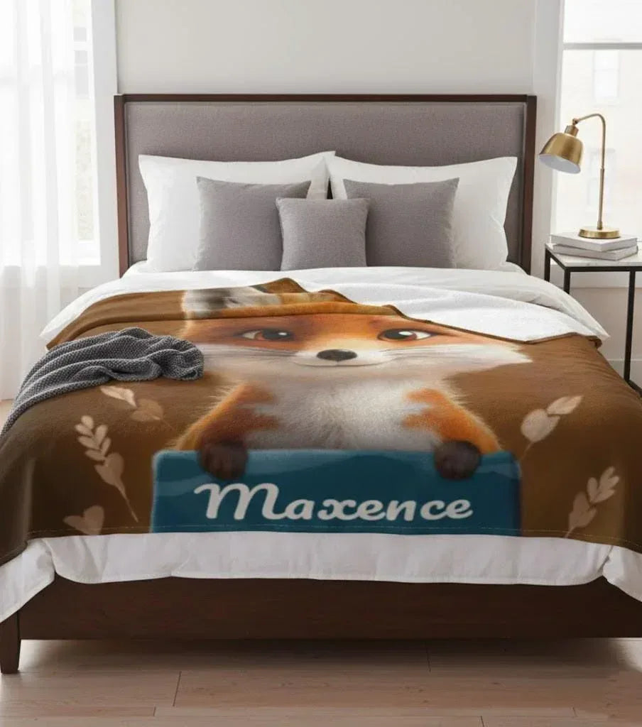 Personalized Fox Blanket | Custom Name | Cute 3D Fox Holding Teal Name Banner Autumn Woodland Flannel Fleece Throw Gift