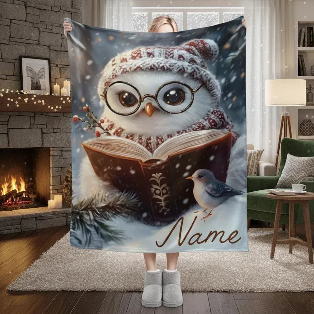 Personalized Winter Owl Blanket | Custom Name | Reading Owl Glasses Snowy Nordic Fleece Throw Gift