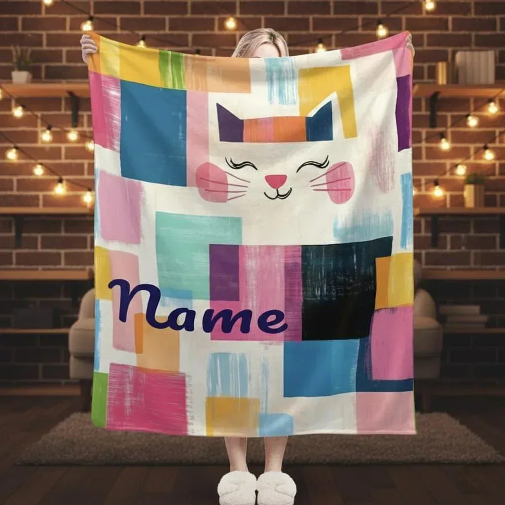Personalized Cat Blanket | Custom Name | Colorful Patchwork Fleece Throw Gift