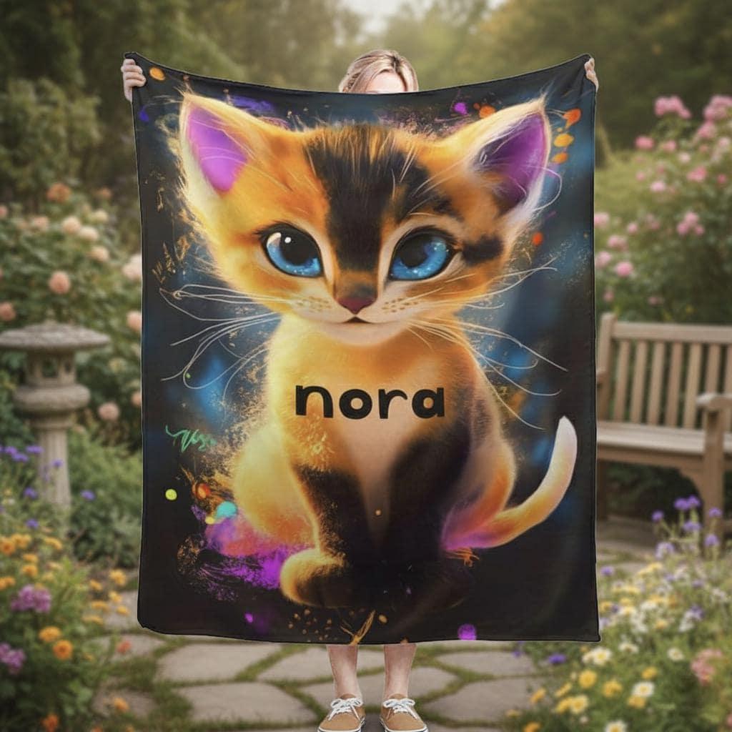 Personalized Starry-Eyed Kitten Blanket | Custom Name | Galaxy Cat Blue Eyes Fleece Throw Gift