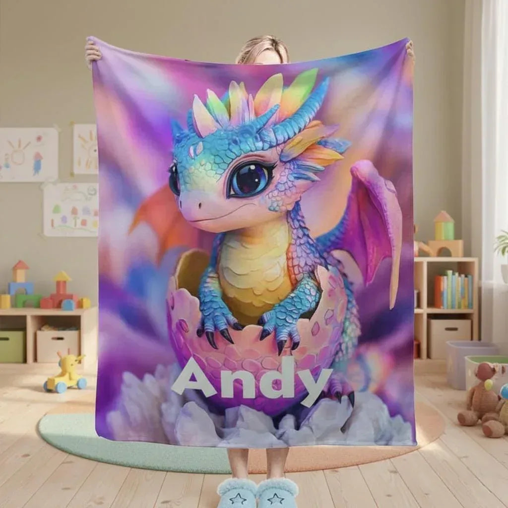 Personalized Dragon Blanket | Custom Name | Baby Dragon Hatching From Egg Rainbow Crest Purple Pink Sky 310gsm Fleece Throw Gift