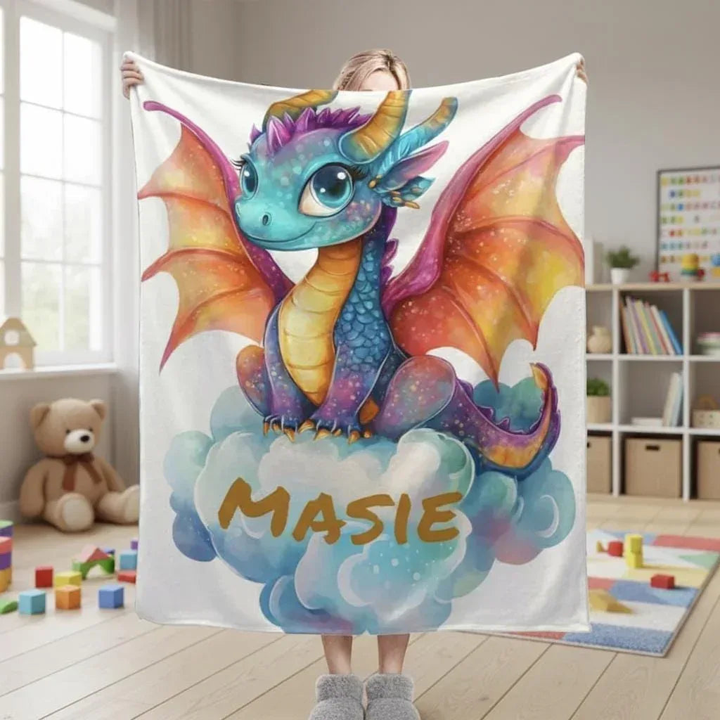 Personalized Girl Dragon Blanket | Custom Name | Blue Rainbow Unicorn Cloud 310gsm Fleece Throw Gift