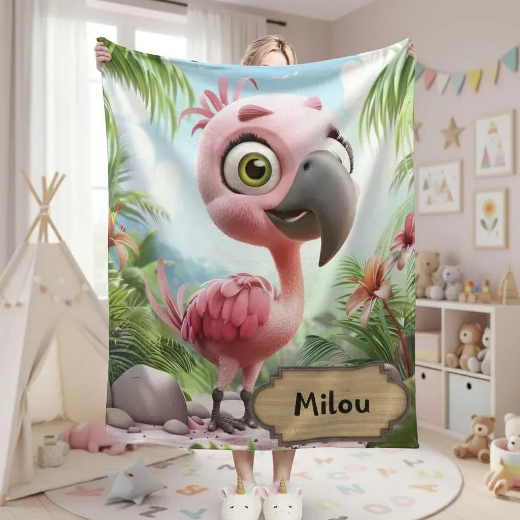 Personalized Flamingo Blanket | Custom Name | Pink Green Tropical Leaf Fleece Throw Gift