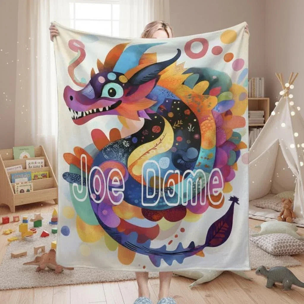 Personalized Dragon Blanket | Custom Name | Folk Art Lunar Dragon Coiling Colorful Paint Splash Cream Background Flannel Fleece Throw Gift