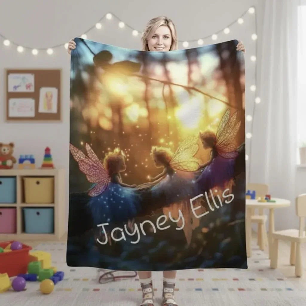 Personalized Fairy Blanket | Custom Name | Three Winged Fairies Golden Forest 310gsm Fleece Throw Gift