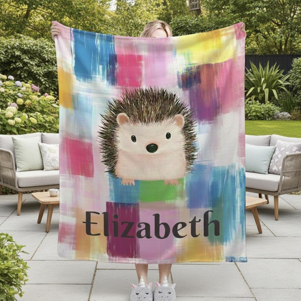 Personalized Hedgehog Blanket | Custom Name | Whimsical Plaid Patchwork Hedgehog Cursive Name Fleece Throw Gift