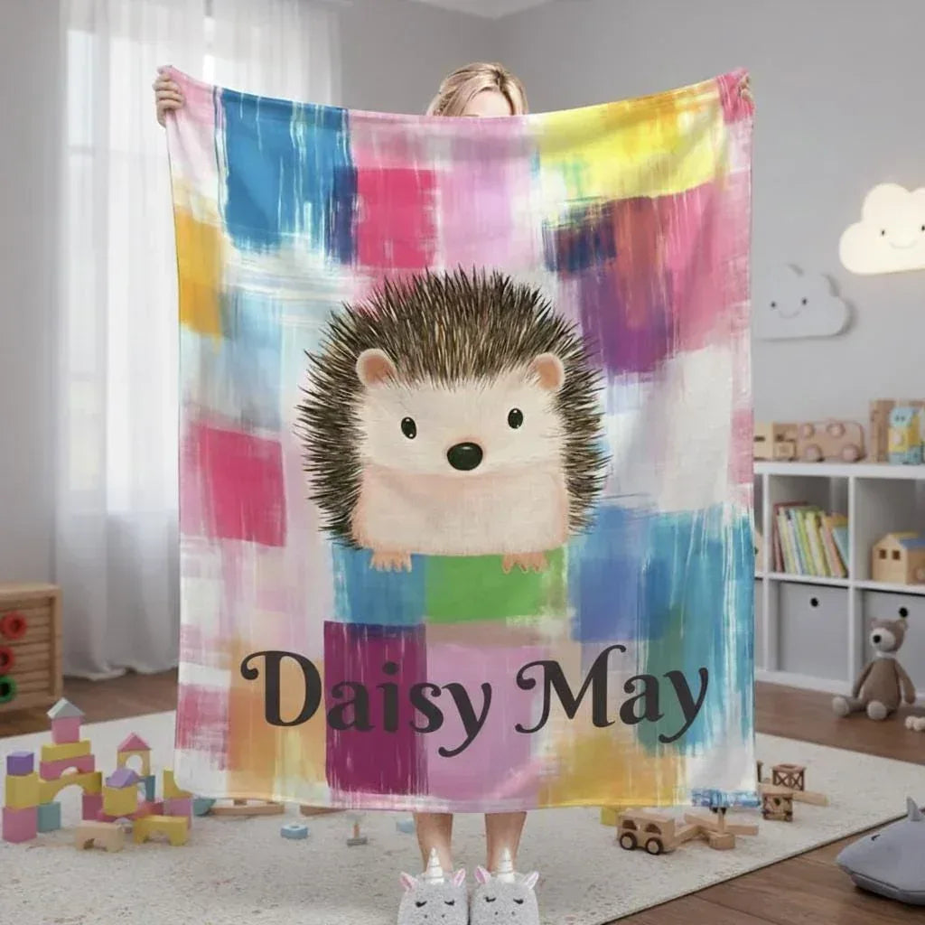 Personalized Hedgehog Blanket | Custom Name | Whimsical Plaid Patchwork Hedgehog Cursive Name Fleece Throw Gift
