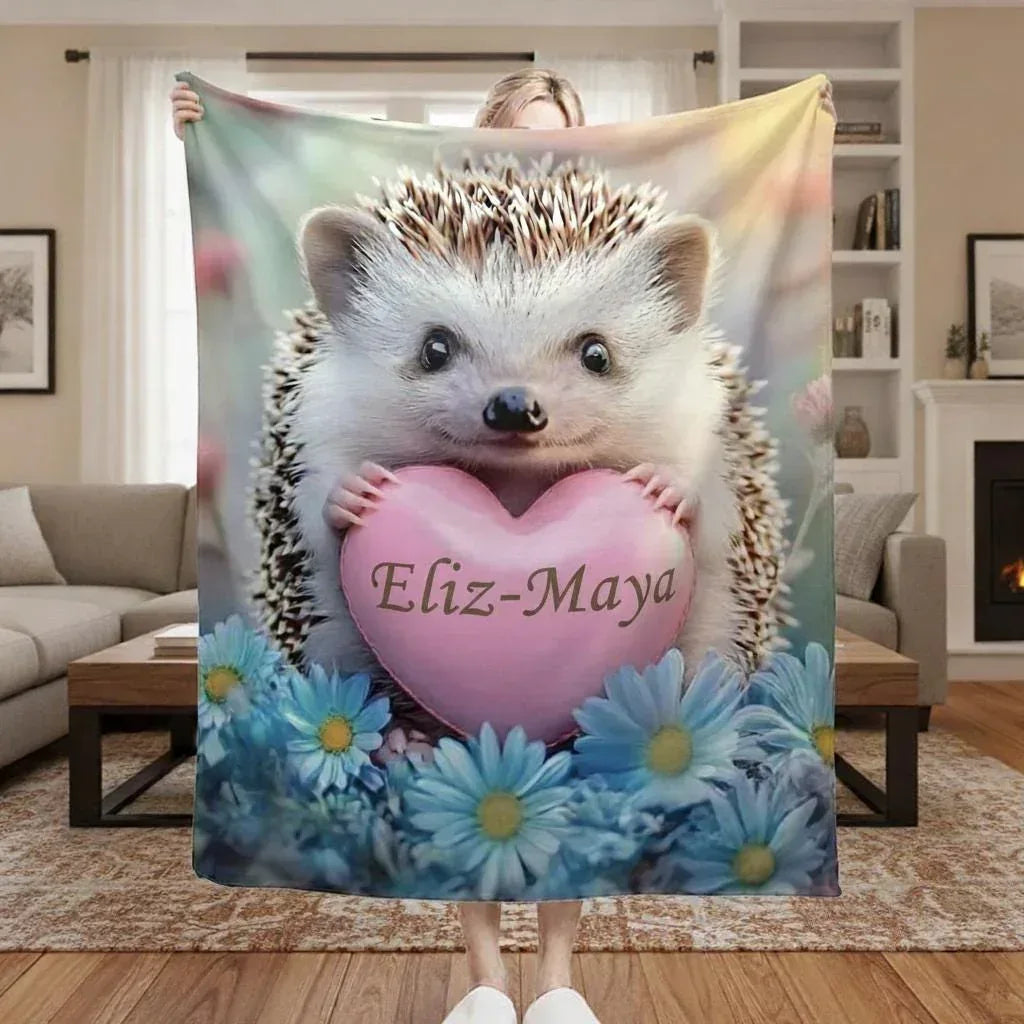 Personalized Hedgehog Blanket | Custom Name on Pink Heart | Blue Daisies Romantic Fleece Throw Gift