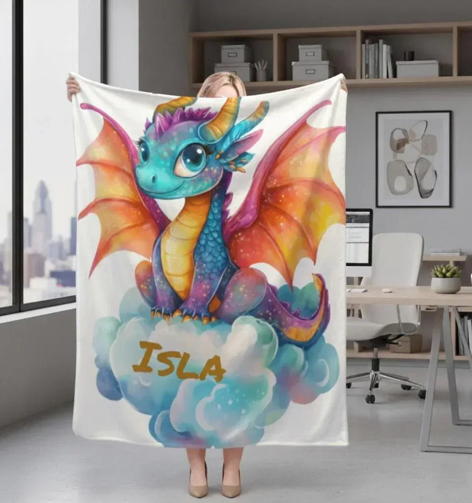 Personalized Girl Dragon Blanket | Custom Name | Blue Rainbow Unicorn Cloud 310gsm Fleece Throw Gift