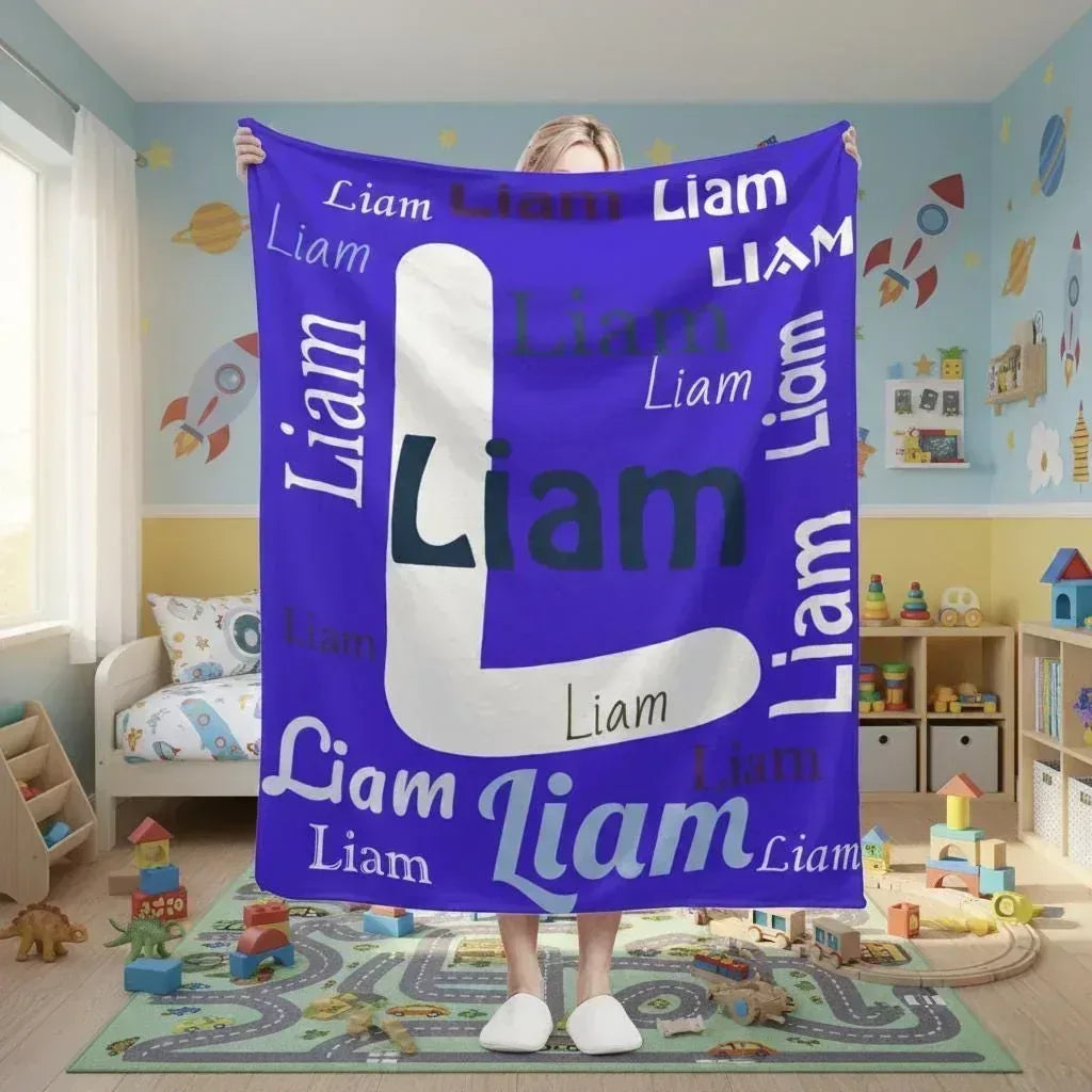 Personalized Name & Initial Letter Blanket | Custom Name | Vivid Royal Blue All-Over Name Pattern Fleece Throw Gift