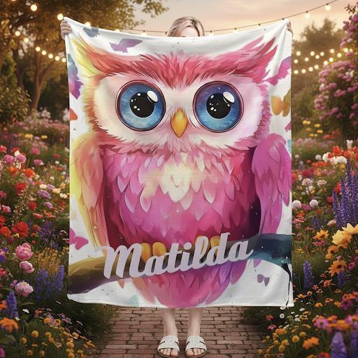 Personalized Pink Owl Blanket | Custom Name | Blue-Eyed Colorful Feather Fleece Throw Gift