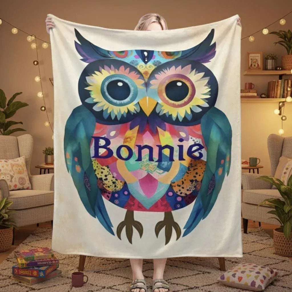 Personalized Colorful Owl Blanket | Custom Name | Bird Fleece Throw Gift