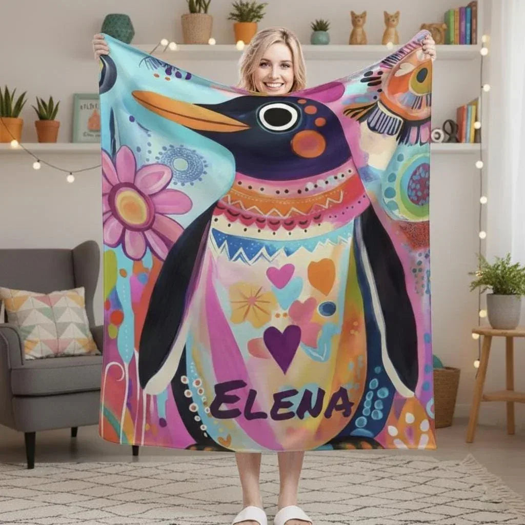 Personalized Penguin Blanket | Custom Name | Colorful Arctic Animal 310gsm Fleece Throw Gift