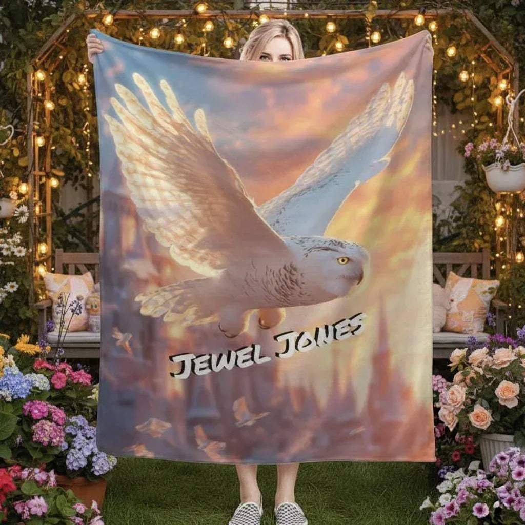 Personalized Snowy Owl Blanket | Custom Name | Majestic White Owl in Flight Sunset Sky Fleece Throw Gift