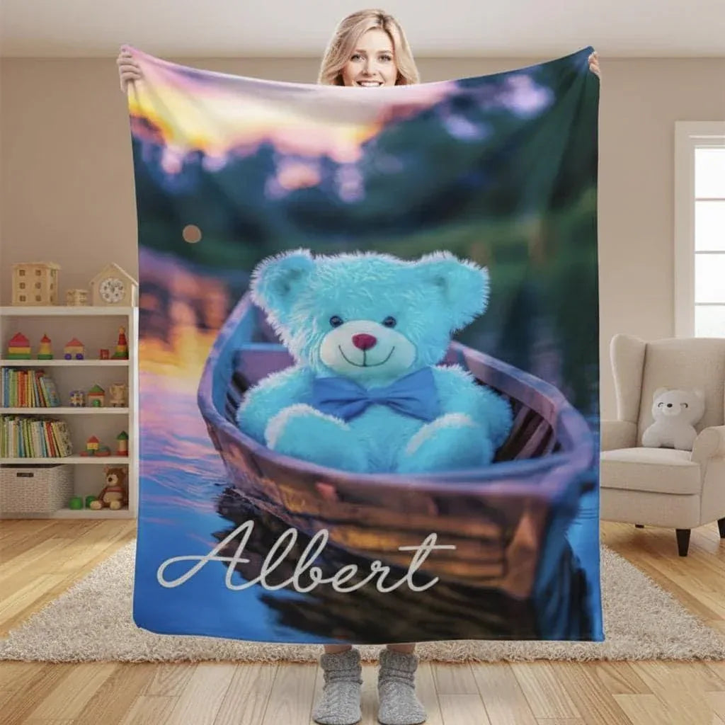 Personalized Teddy Bear Blanket | Custom Name | Twilight Canoe Adventure 310gsm Fleece Throw