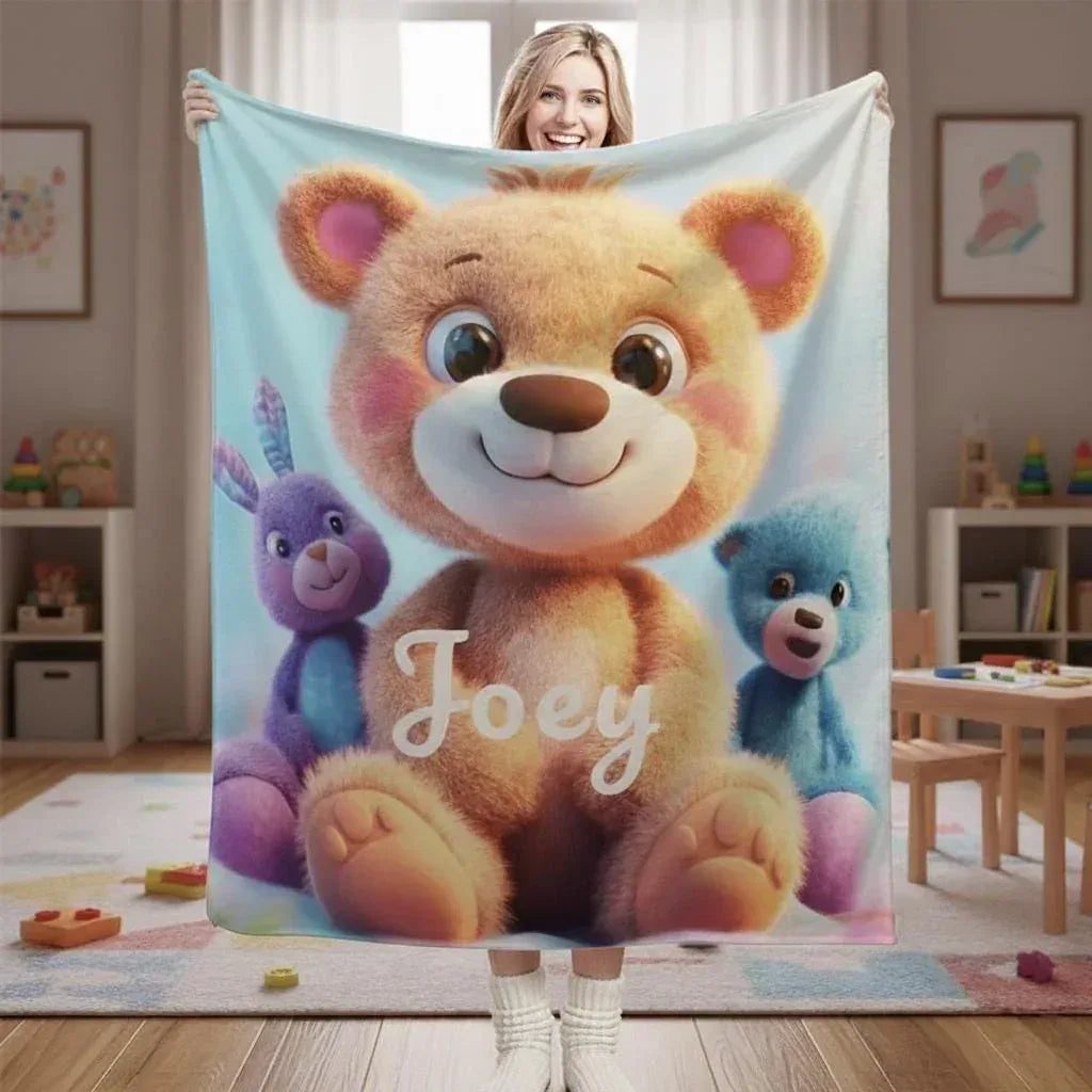 Personalized Teddy Bear Blanket | Custom Name | Fluffy Golden Bear Purple Bunny Blue Bear Fleece Throw Gift