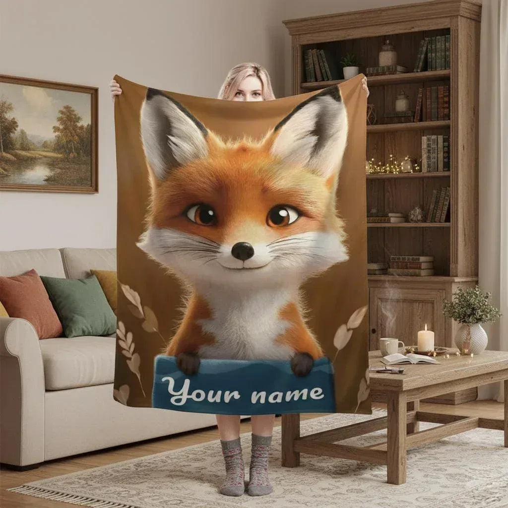 Personalized Fox Blanket | Custom Name | Cute 3D Fox Holding Teal Name Banner Autumn Woodland Flannel Fleece Throw Gift