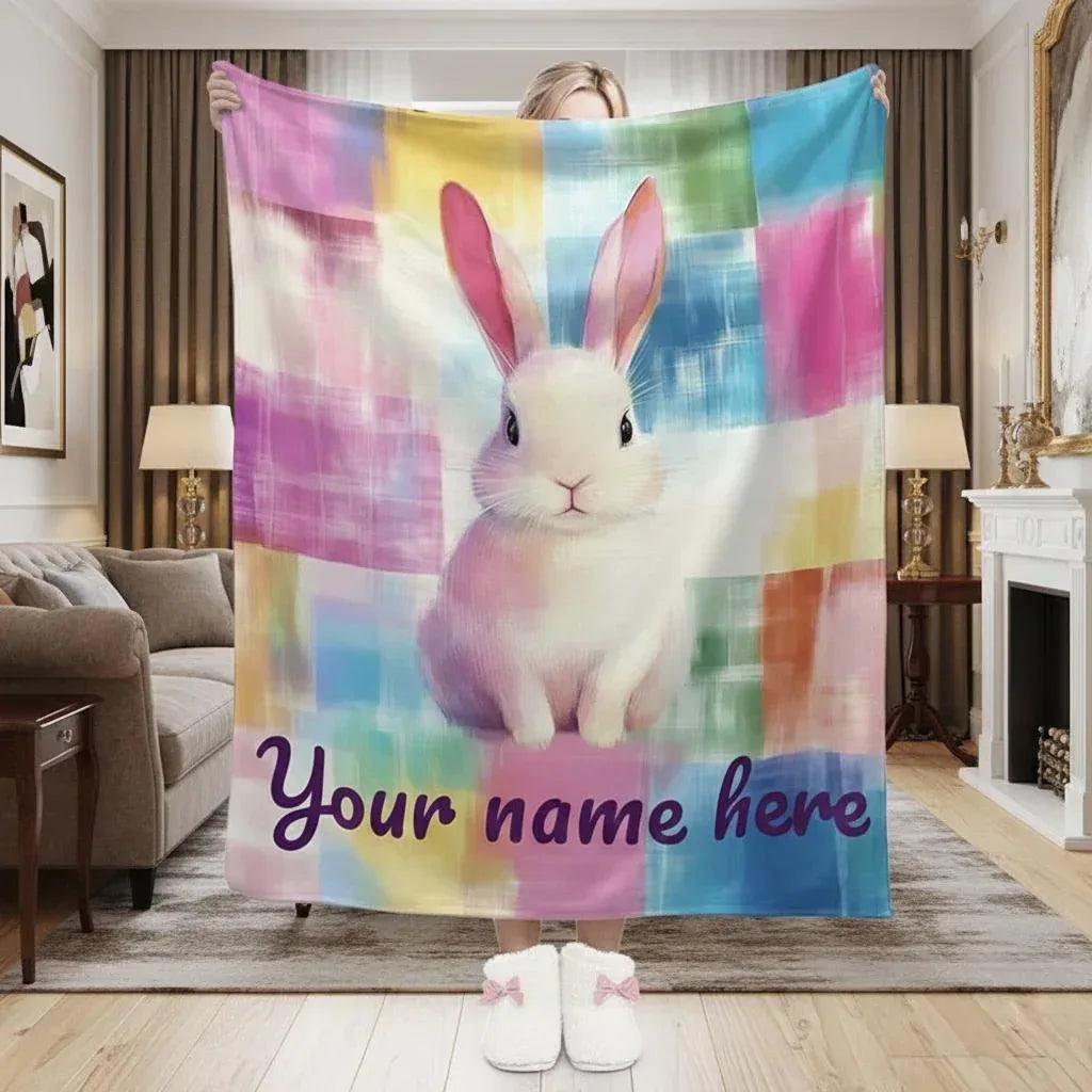 Personalized White Bunny Blanket | Custom Name | Pastel Patchwork Rainbow Rabbit Fleece Throw Gift