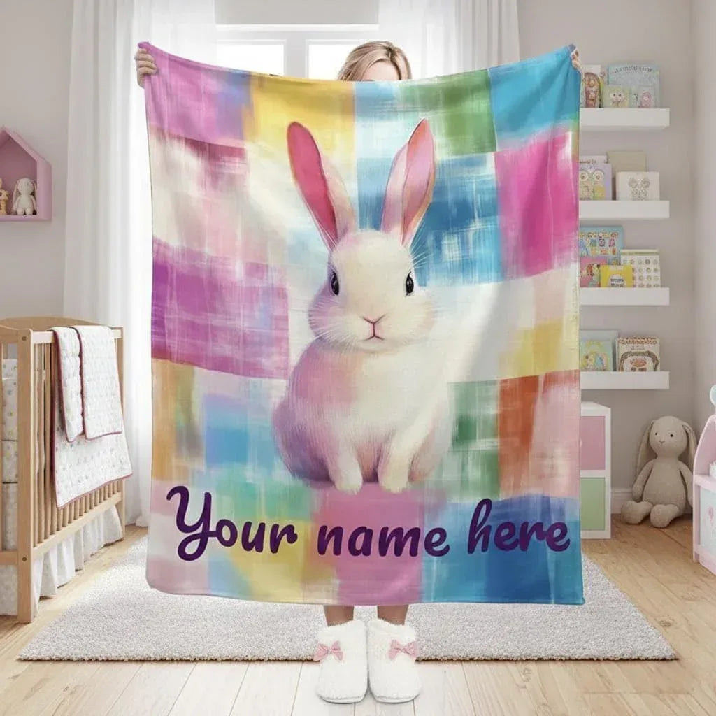 Personalized White Bunny Blanket | Custom Name | Pastel Patchwork Rainbow Rabbit Fleece Throw Gift