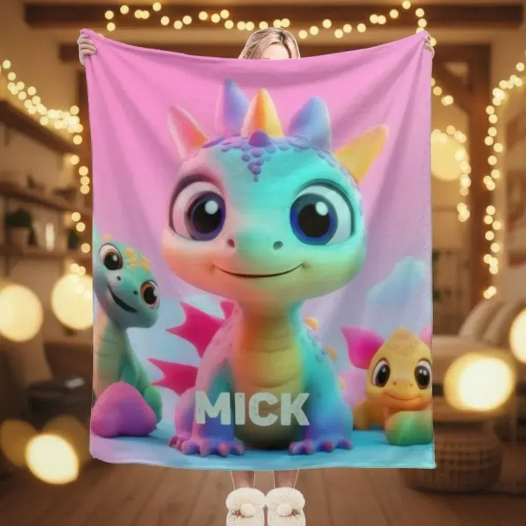Personalized Dragon Blanket | Custom Name | Cute Pastel Baby Dragon Trio Rainbow Kawaii Fleece Throw Gift