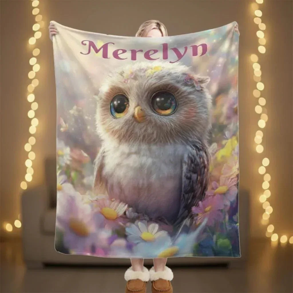 Personalized Owl Blanket | Custom Name | Colorful Floral Baby Owl Fleece Throw Gift