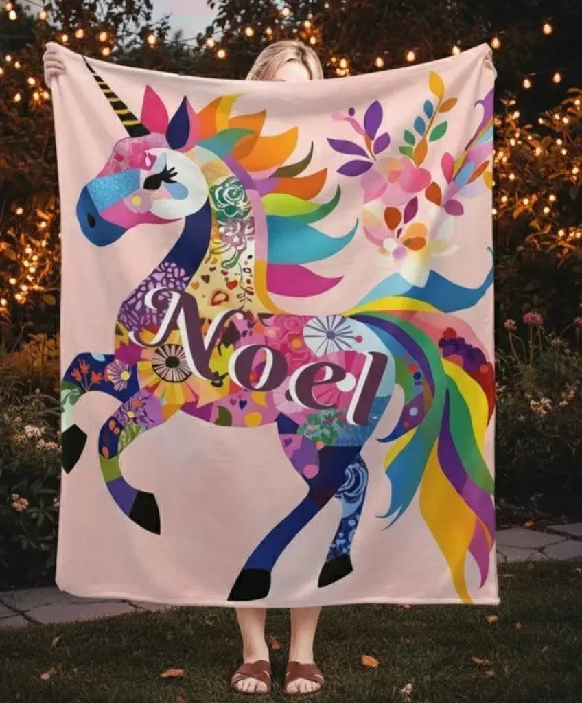 Personalized Unicorn Blanket | Custom Name | Prancing Full-Body Floral Mosaic Rainbow Mane Blush Pink Flannel Fleece Throw Gift