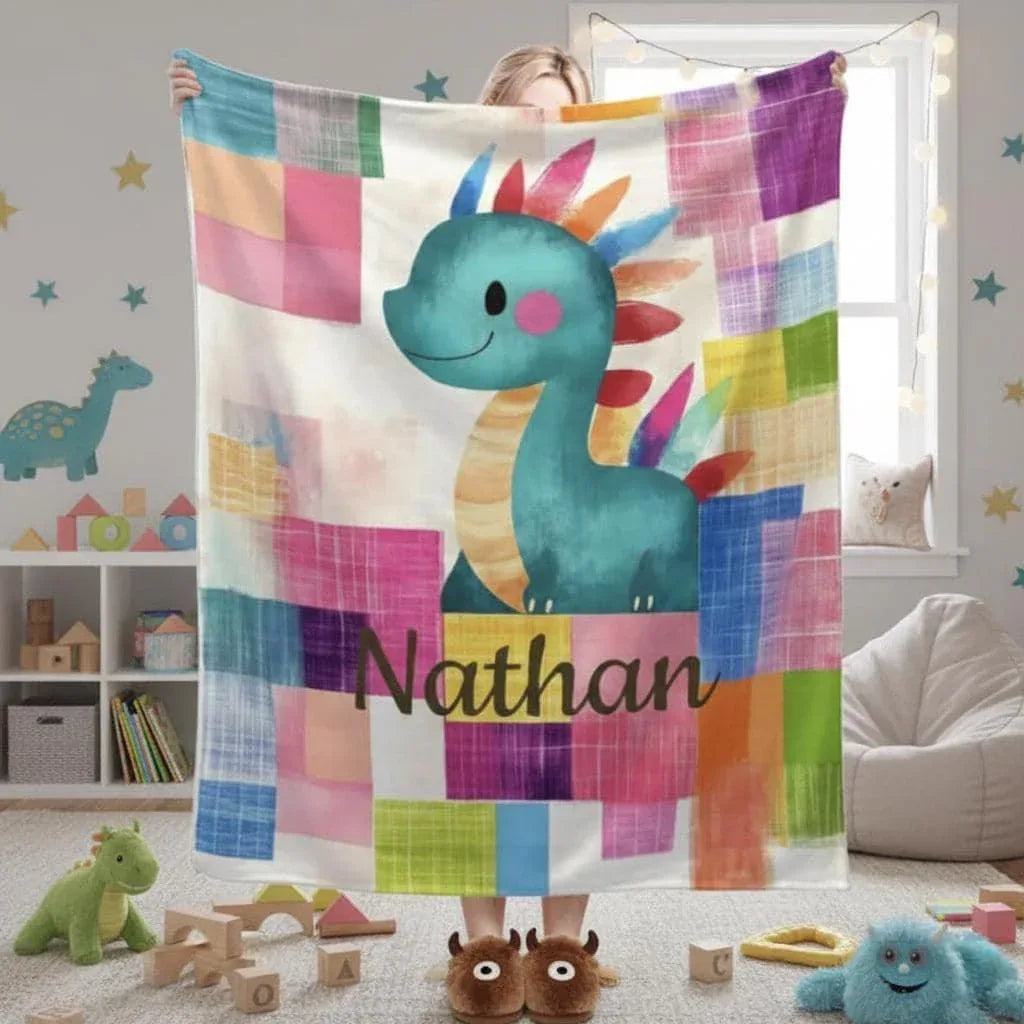 Personalized Teal Dragon Blanket | Custom Name | Colorful Dinosaur Patchwork Throw