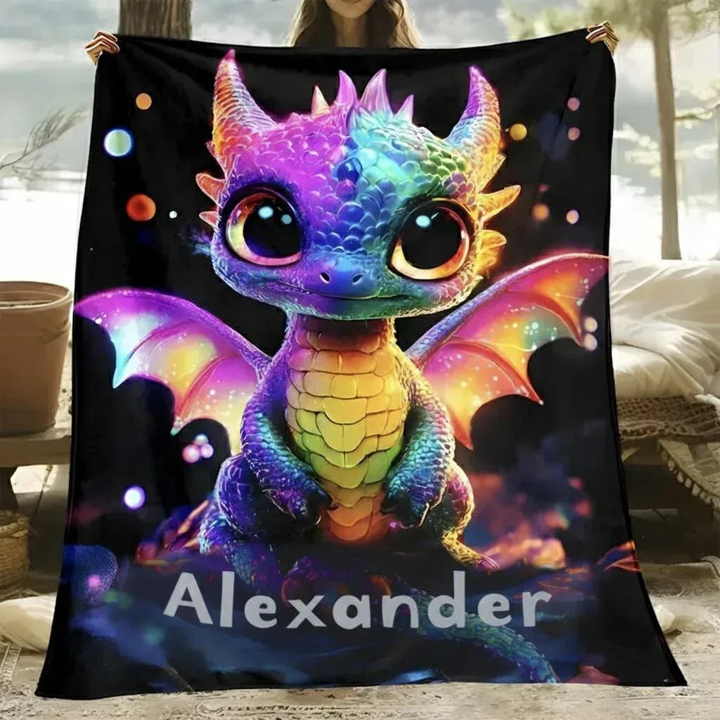 Personalized Rainbow Dragon Blanket | Custom Name | Glowing Black 310gsm Fleece Throw Gift