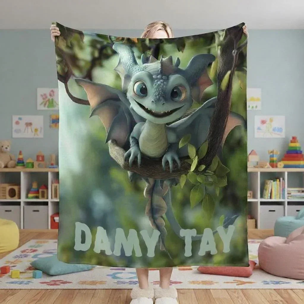 Personalized Dragon Dinosaur Blanket | Custom Name | Blue Green Fantasy Fleece Throw Gift