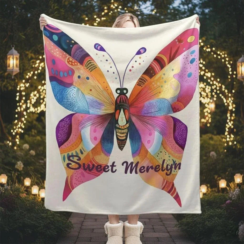 Personalized Butterfly Blanket | Custom Name | Vibrant Colorful Butterfly Wings Purple Script Flannel Fleece Throw Gift