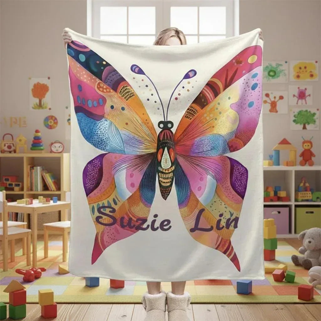Personalized Butterfly Blanket | Custom Name | Vibrant Colorful Butterfly Wings Purple Script Flannel Fleece Throw Gift