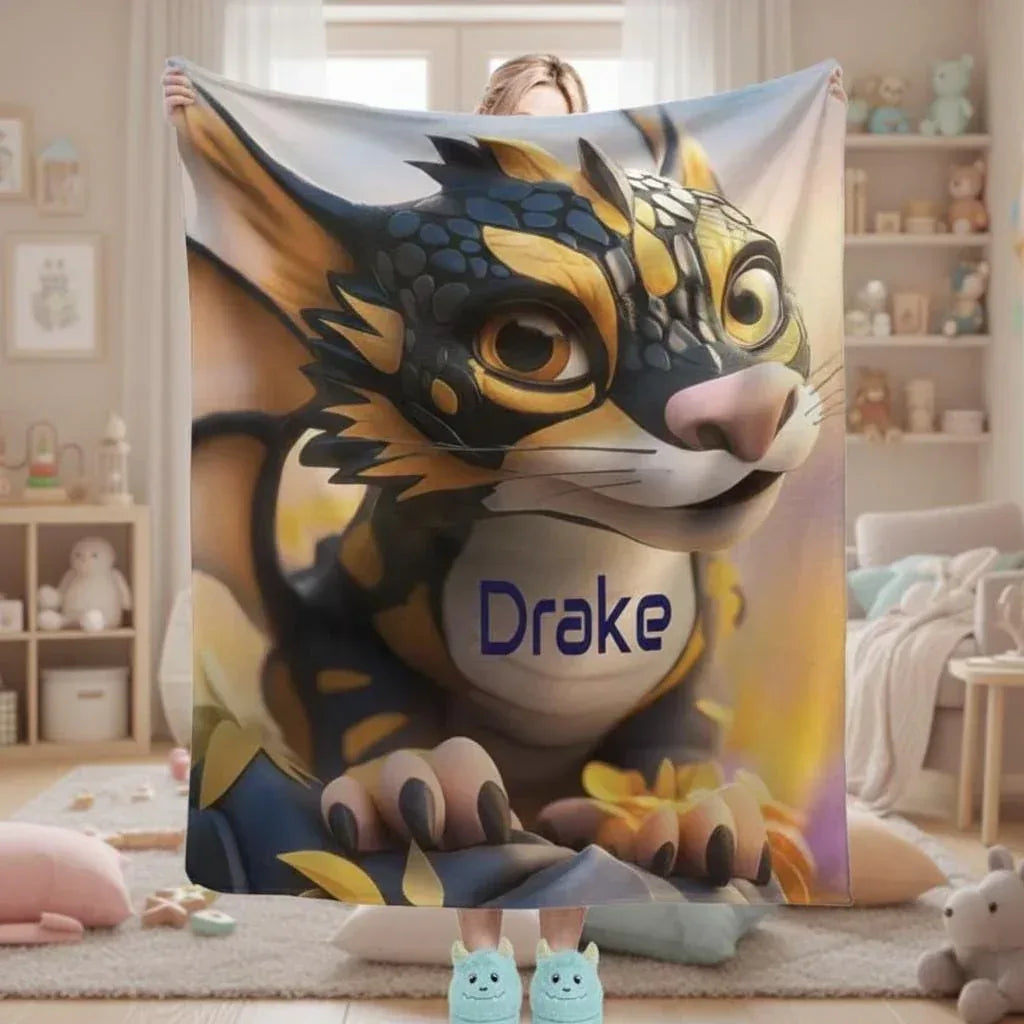 Personalized Dragon Blanket | Custom Name | Cute Baby Dragon Cat Golden Scales Fantasy Fleece Throw Gift