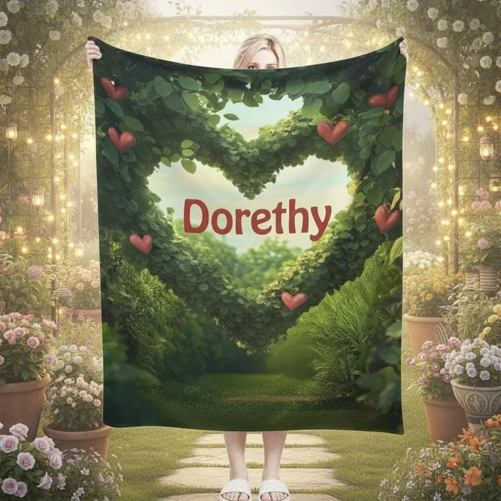 Personalized Garden Heart Blanket | Custom Name | Lush Green Topiary Heart Romantic Fleece Throw Gift