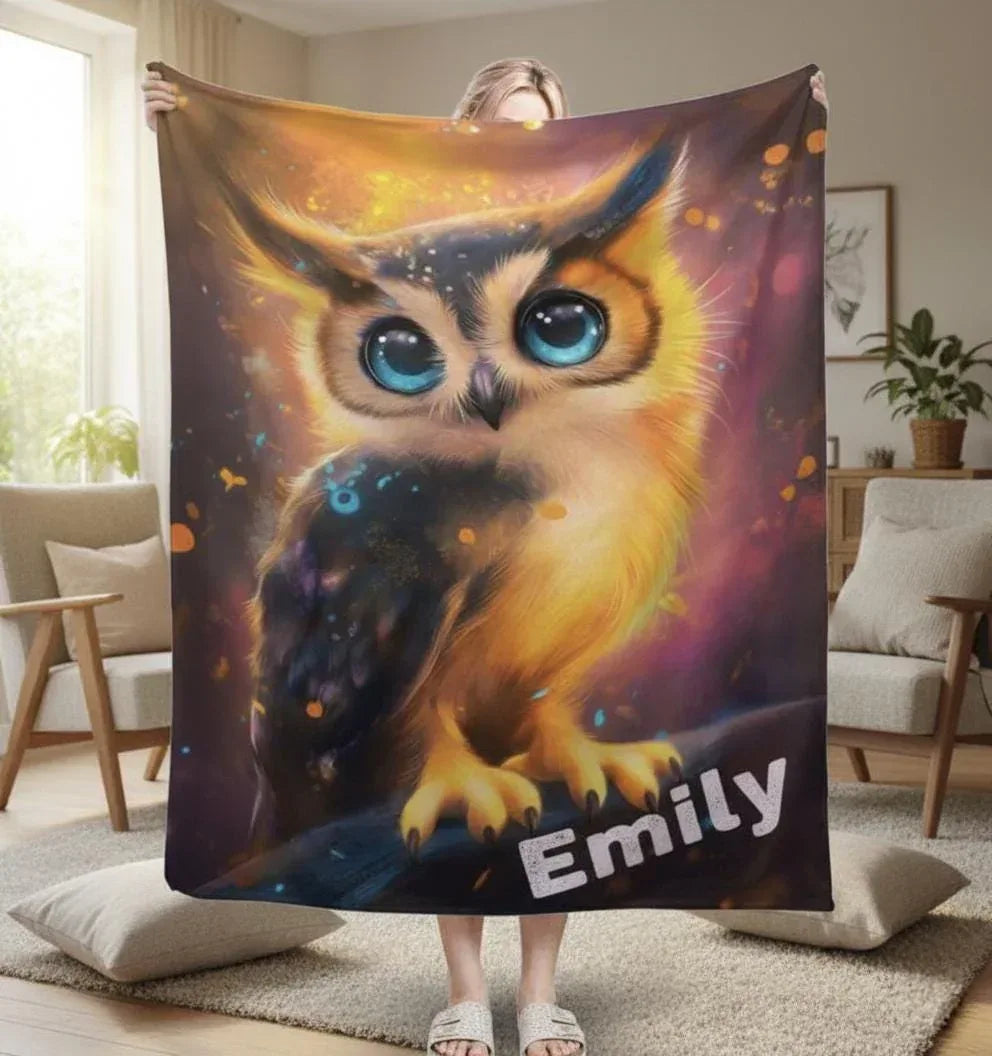 Personalized Cosmic Owl Blanket | Custom Name | Gothic Halloween Galaxy Gift