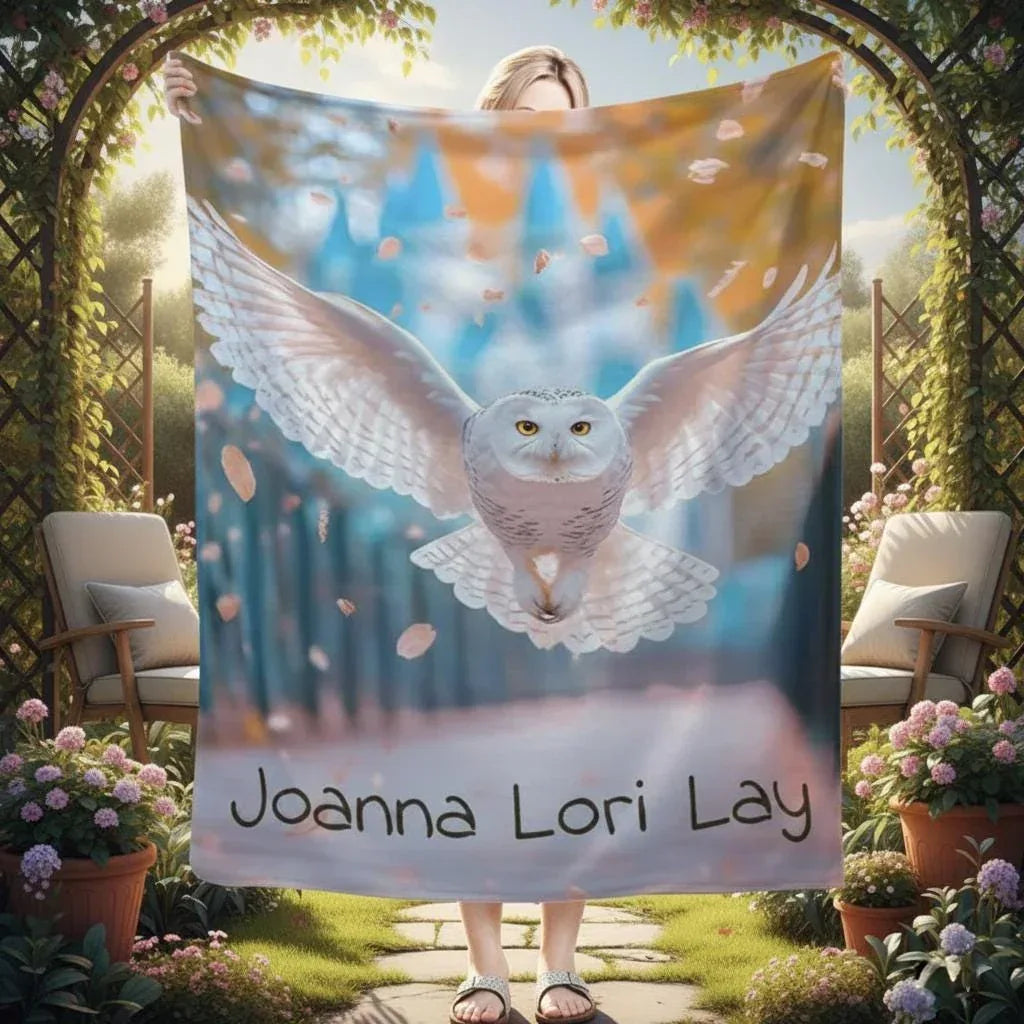 Personalized Winged Owl Blanket | Custom Name | Blue Fantasy Fleece Throw Gift