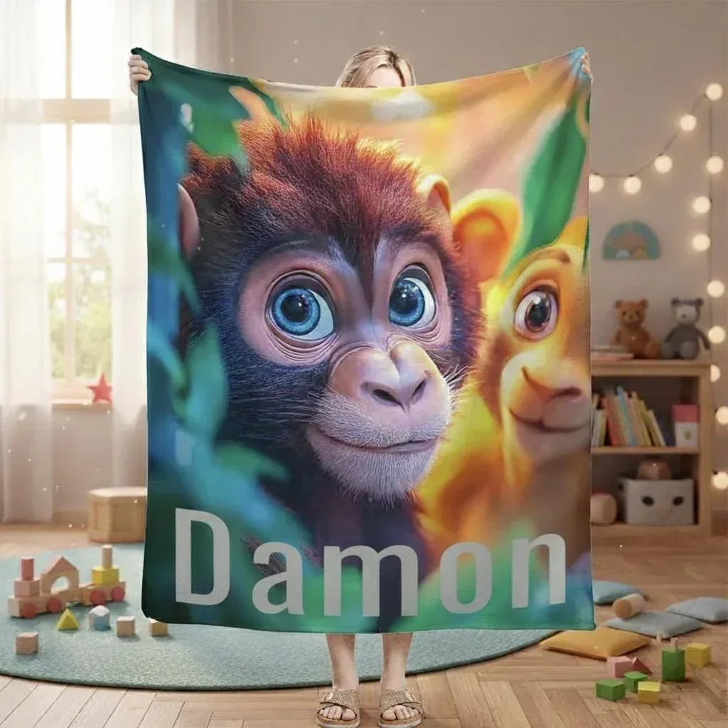 Personalized Monkey Blanket | Custom Name | Baby Monkey and Lion Cub Jungle Fleece Throw Gift