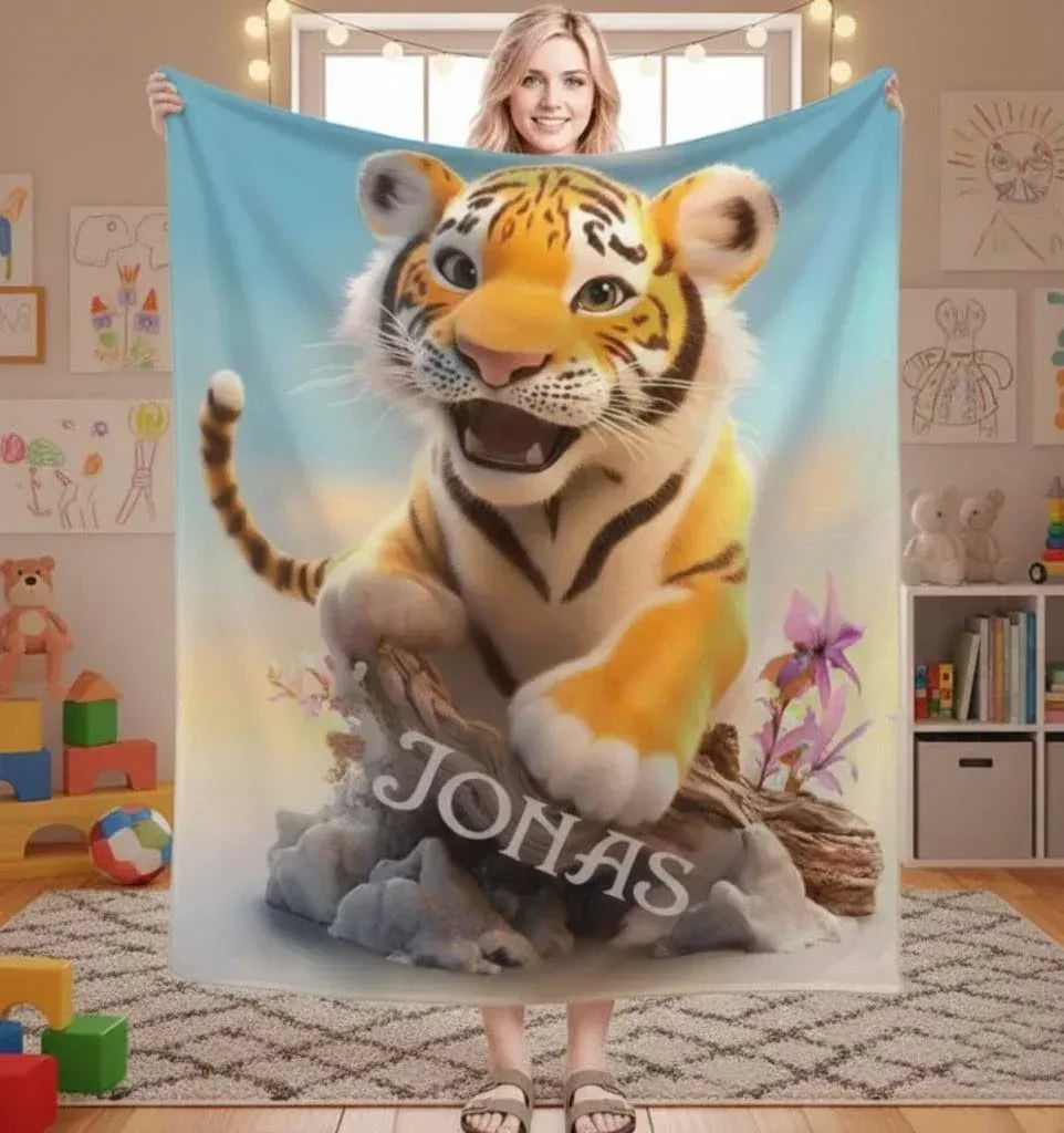 Personalized Tiger Cub Blanket | Custom Name | Blue Floral 310gsm Fleece Throw Gift