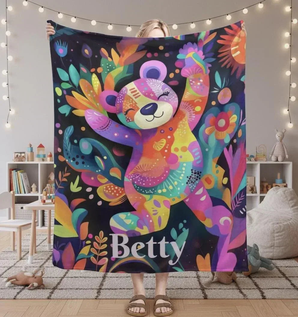 Personalized Patchwork Teddy Bear Blanket | Custom Name | Colorful Floral Fleece Throw Gift