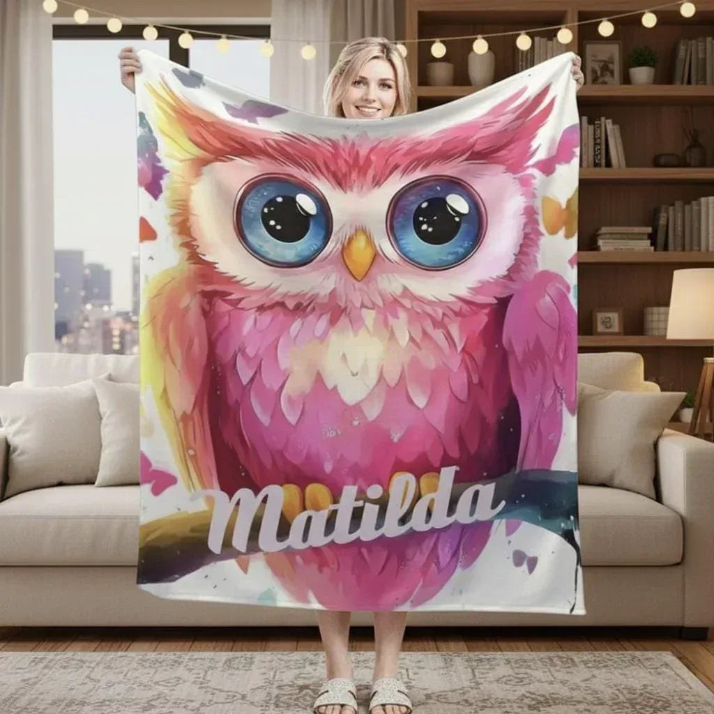 Personalized Pink Owl Blanket | Custom Name | Blue-Eyed Colorful Feather Fleece Throw Gift