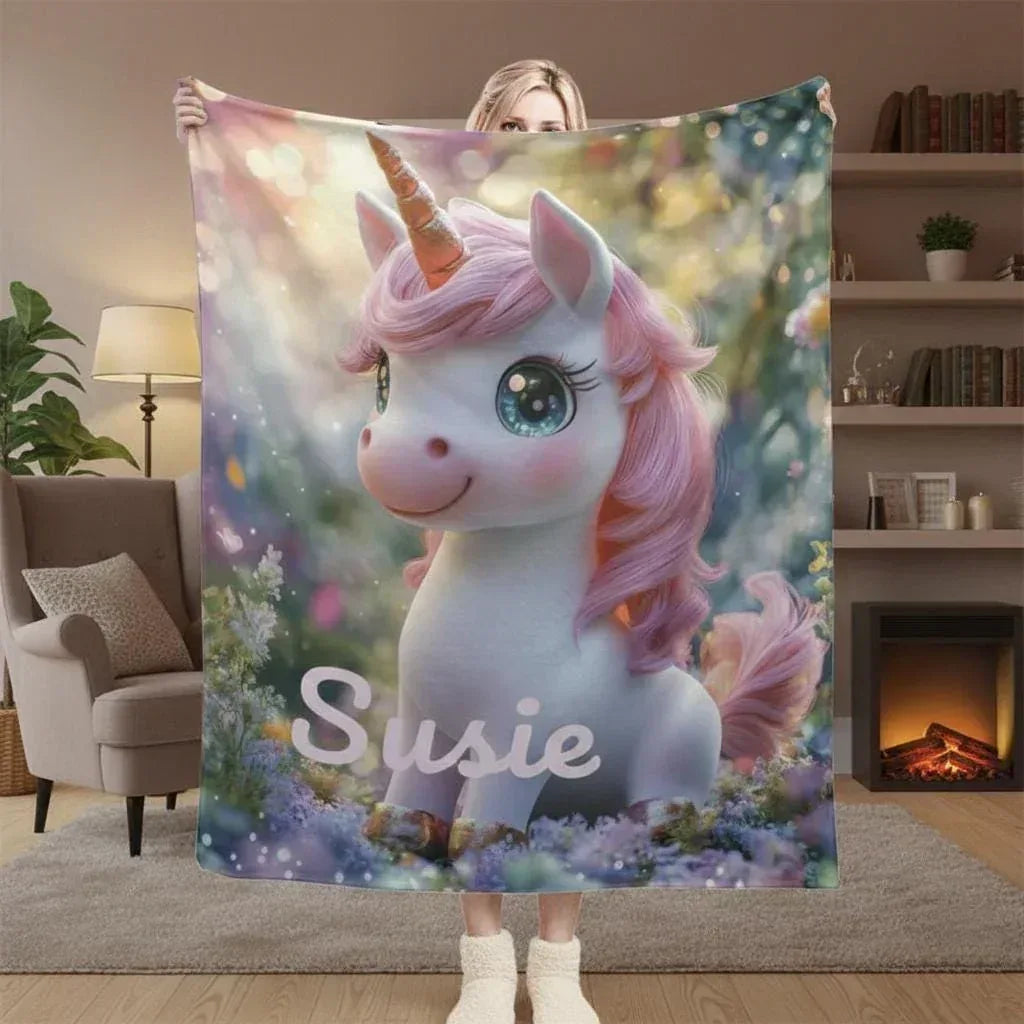 Personalized Pink Unicorn Blanket | Custom Name | Sparkling Eyes Enchanted Forest Fleece Throw Gift