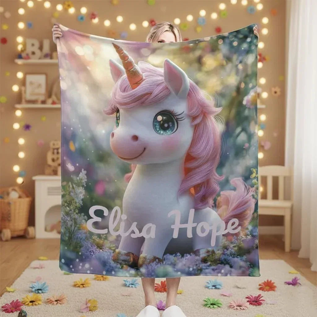 Personalized Pink Unicorn Blanket | Custom Name | Sparkling Eyes Enchanted Forest Fleece Throw Gift